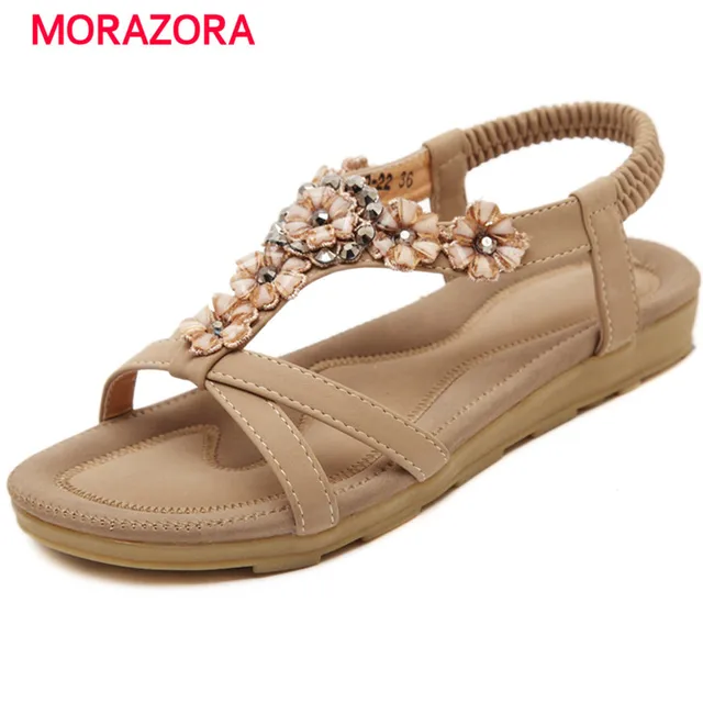 MORAZORA Rhinestone flowers summer shoes PU women sandals fashion sweet party shoes elastic band platform shoes big size 35-41