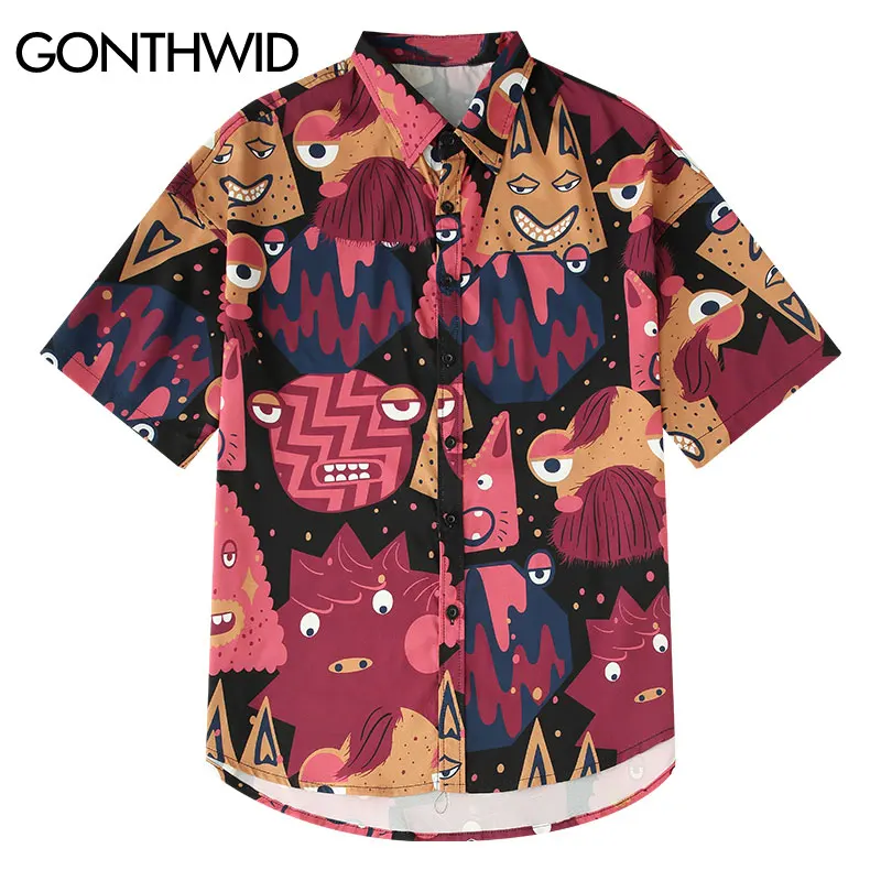 

GONTHWID Cartoon Graffiti Print Hawaiian Beach Shirts Summer Casual Short Sleeve Shirt Male Fashion Hip Hop Streetwear Shirts