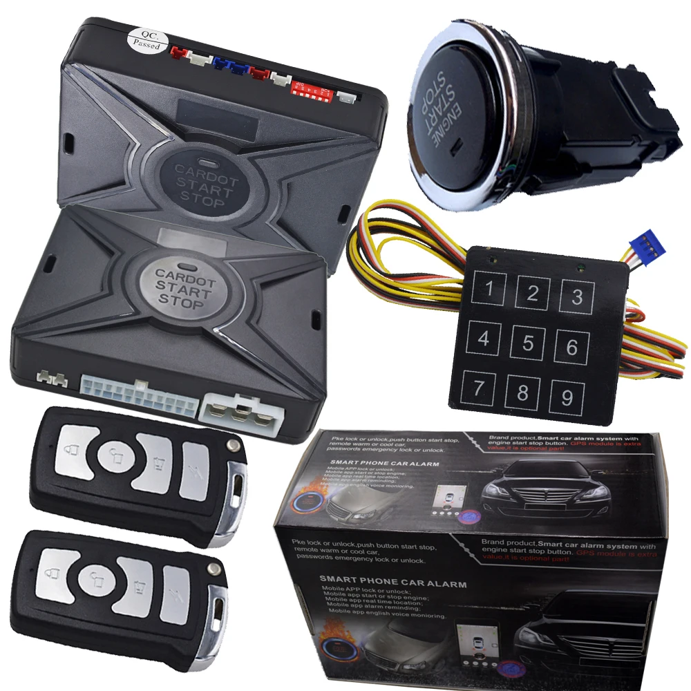 automotive car security alarm system with engine start stop button
