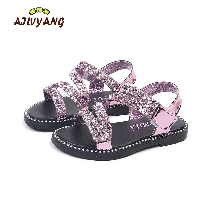 

Girls Sequins Sandals 2019 Summer Children Korean Princess Shoes Little Girls Sweet Beach Shoes Big Kids Hooks Flats Size 26-36