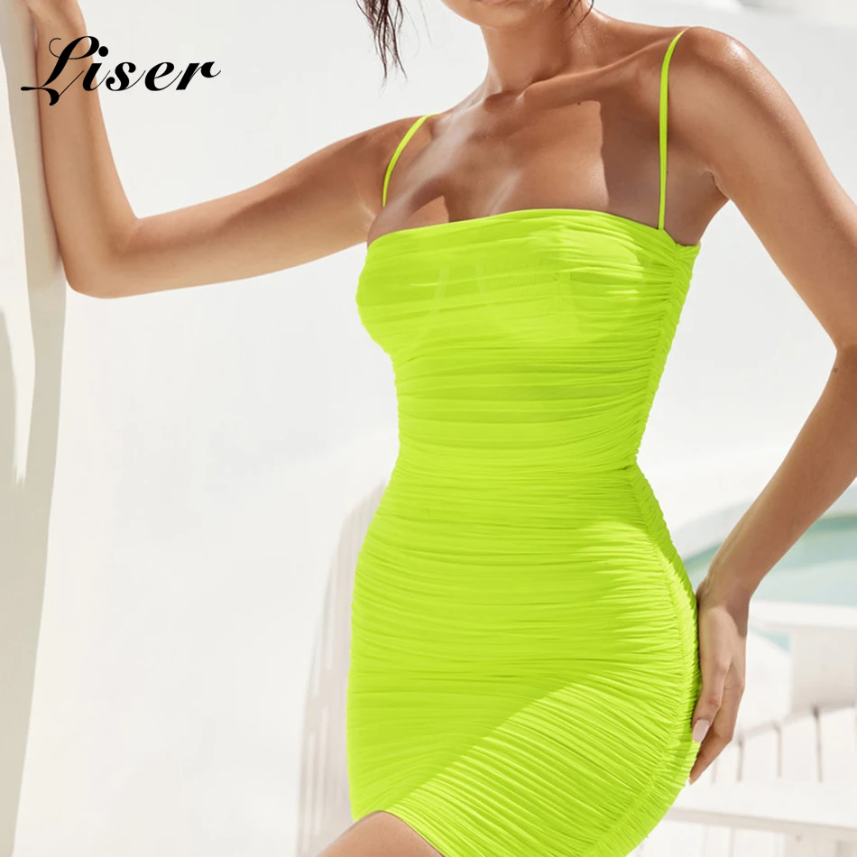 

Liser 2019 New Summer Women Dress Sleeveless Strapless Mesh Dress Sexy Bodycon Elegant Celebrity Party Green Dresses Vestidos