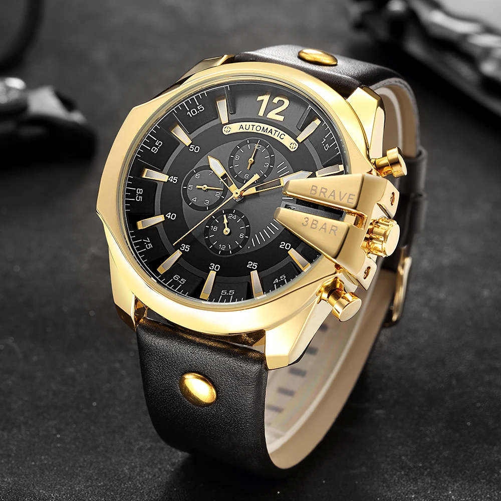 Только Храбрый Стиль модные золотые автоподзаводом автоматические механические часы Для мужчин наручные военный мужской часы кожаный