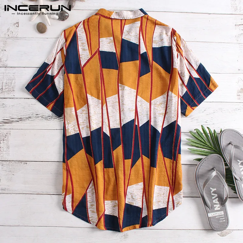 INCERUN,, модная мужская Повседневная рубашка с коротким рукавом, геометрический принт, на пуговицах, с отворотом, топы, Camisa Masculina, Гавайские рубашки для мужчин