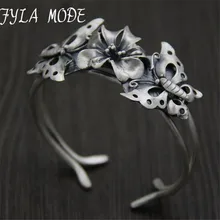 Fyla Mode Vintage 999 Silver Butterfly Bracelets & Bangles Metal Cuff Bracelets Women Fashion Jewelry 2017 New 35mm 46G TYC123