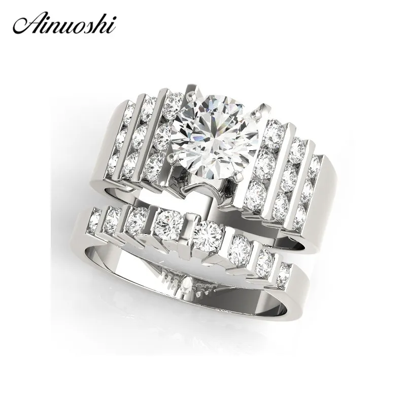 

AINUOSHI 925 Sterling Silver Women Wedding Ring Set White Gold Color 1ct Round Engagement Bridal Ring Sets Lovely Silver Jewelry