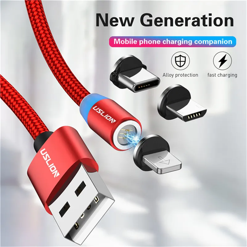 Магнитный USB кабель USLION 3A для быстрой зарядки микро Type C со светодиодной