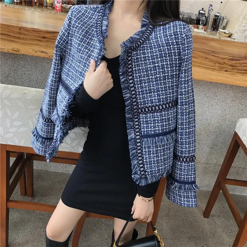 

JSXDHK Small Fragrance Tweed Fringe Jacket Coat Autum Winter Women Weave Tassel Long Sleeve Casual Slim Open Stitch Overcoat