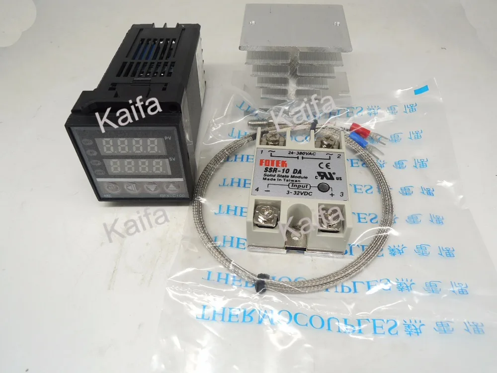 

,Digital PID Temperature Controller Thermostat REX-C100 + 1M K Thermocouple Probe+SSR 10DA+ Radiator ,100V~240V AC
