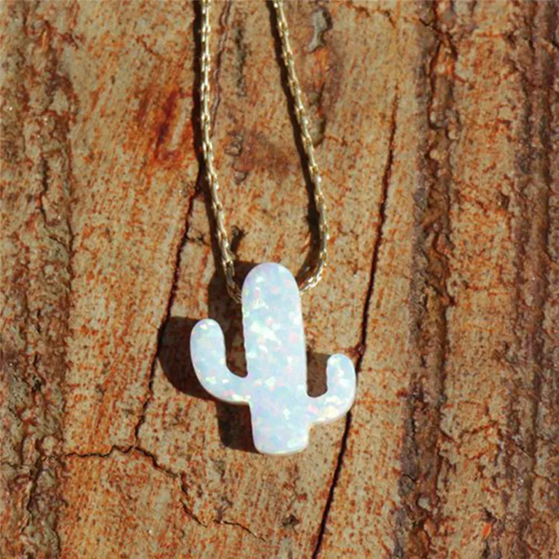 

Fashion Opal Stone Cactus Pendant Necklace Desert Style Plant Choker Necklace Silver Gold Jewelry Birthday Gift For Women