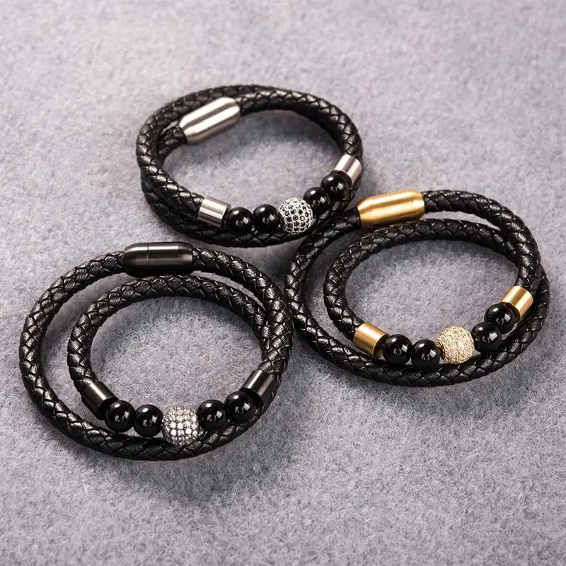 Jiayiqi Шарм бусины плетеный кожаный браслет для мужчин женщин черный, серебристый, золотой Нержавеющая сталь магнитный браслет на застежке вечерние ювелирные изделия