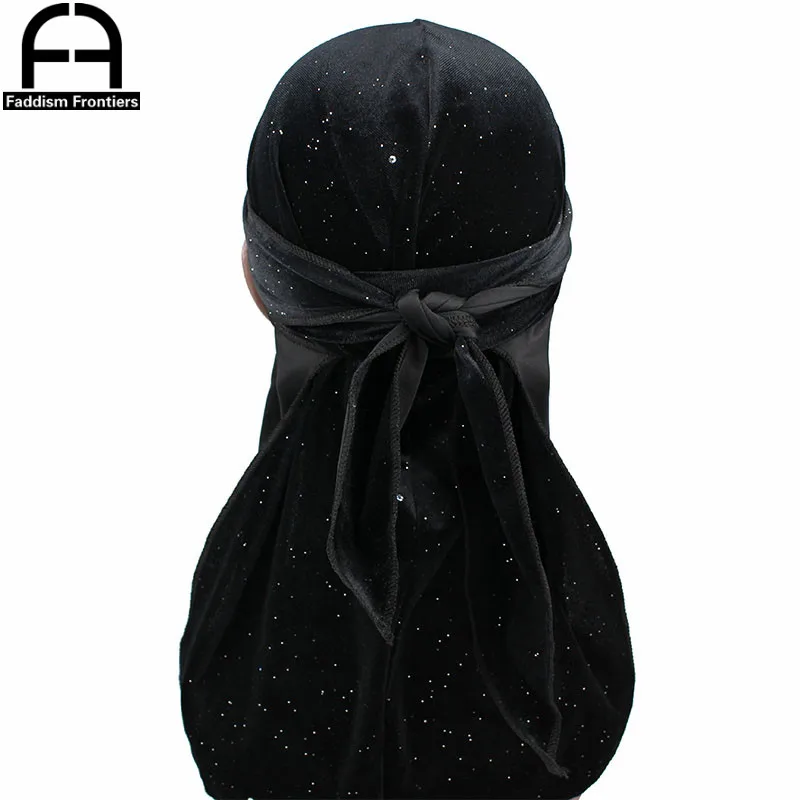 Новые роскошные для мужчин блестящие бархатные Durags Повязка На Голову Durag головной убор для байкеров шляпа аксессуары для волос - Цвет: Черный