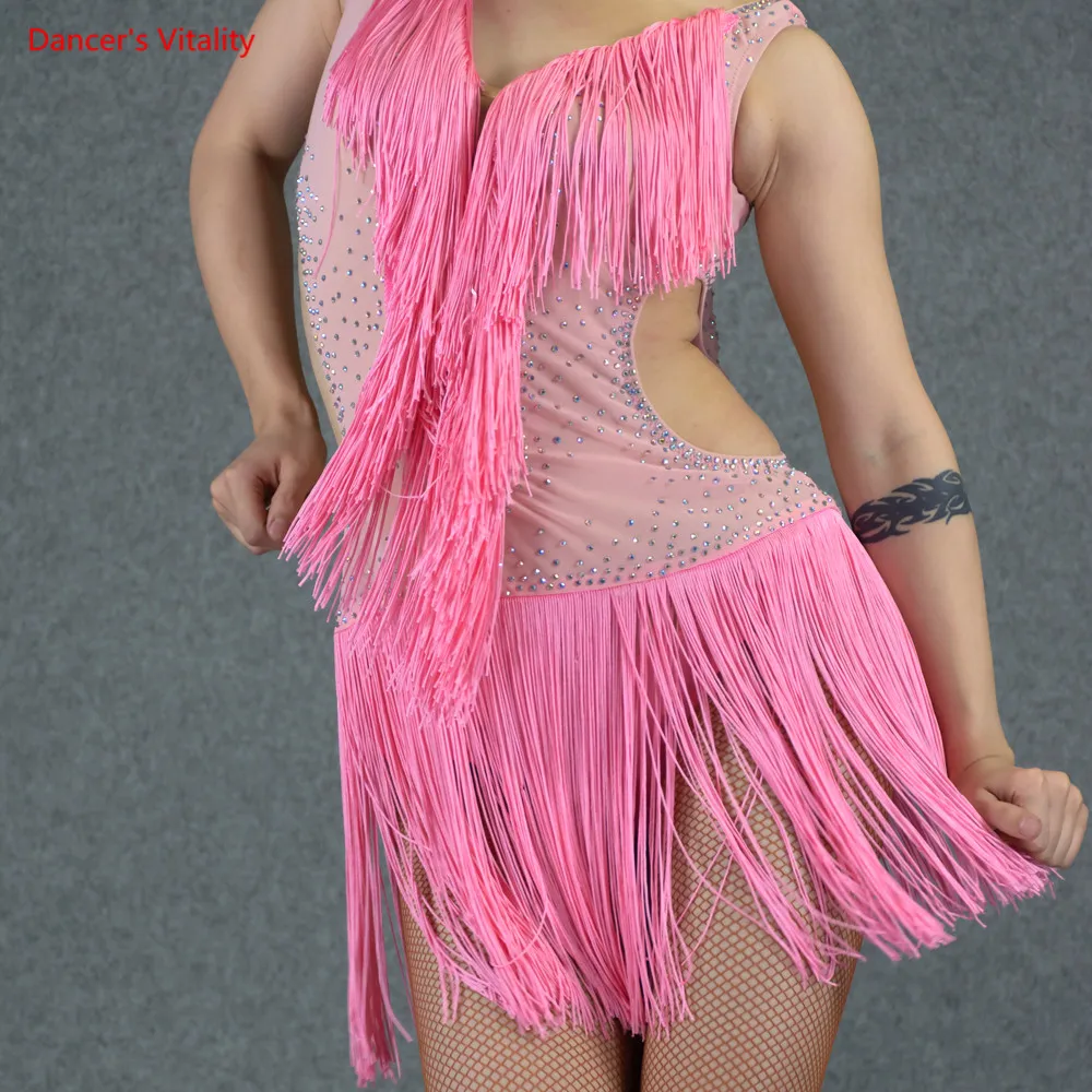Изготовленный на заказ для латио-американских танцев для взрослых женские Танцы выступление на сцене Конкурс одежда пикантная обувь с вырезами; со стразами; с бахромой платье