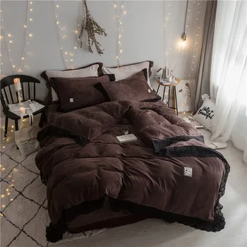 

IvaRose 2017 Luxury winter Bedding set 4pcs warm Flannel Bed set King Queen Size lace Duvet cover Bed sheet set