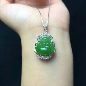 

Hetian Biyu Jasper Smiley Buddha Pendant Yang Green Handmade 925 Silver Inlay Size 16-16mm