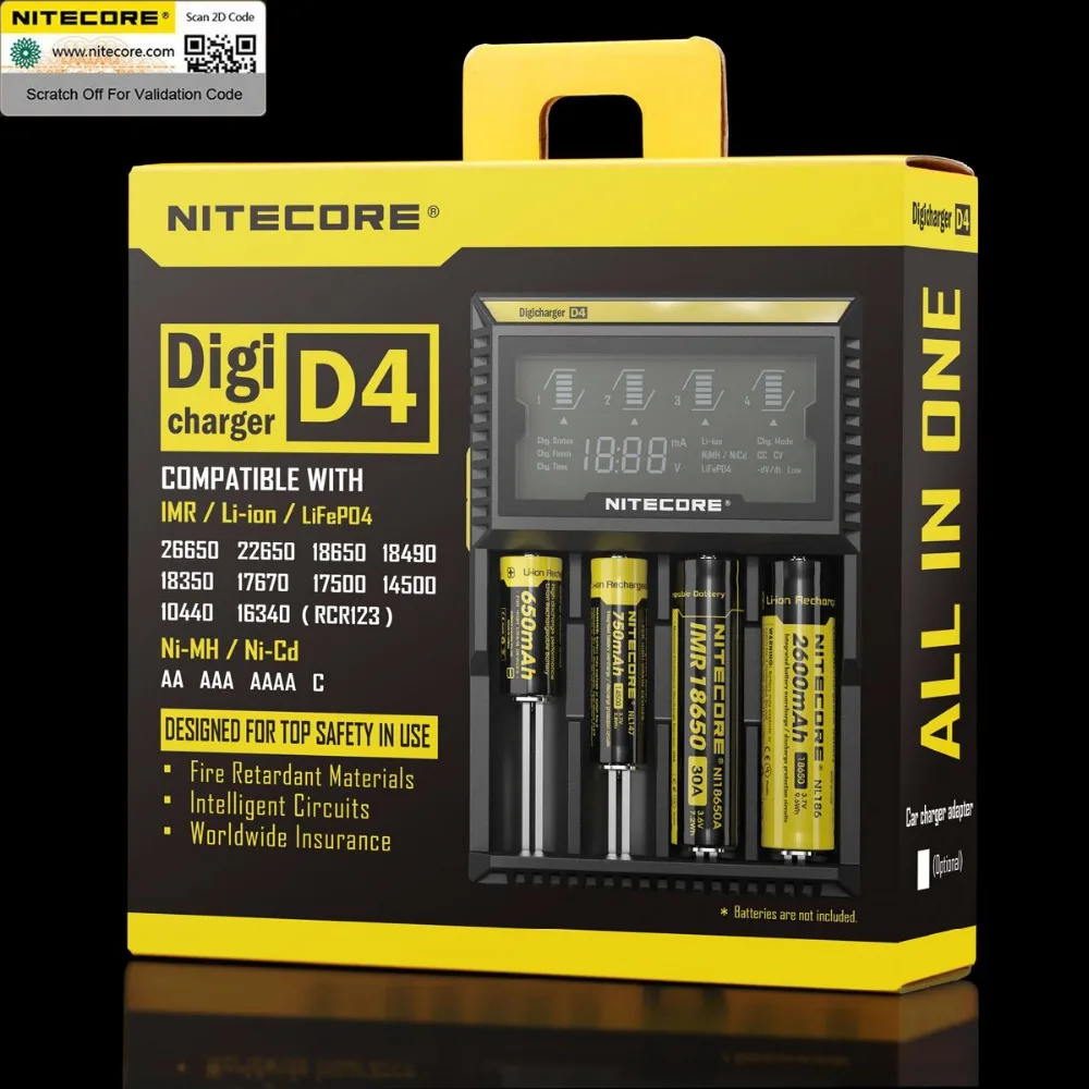 Оригинальное Nitecore D4 зарядное устройство с ЖК-дисплеем интеллектуальное зарядное устройство Li-Ion 18650 14500 16340 26650 AAA AA 12 В