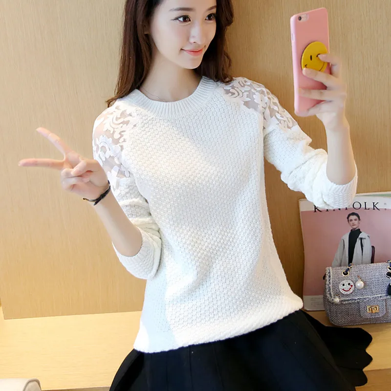 Зимний милый корейский женский свитер с кружевными манжетами, тонкий свитер с высоким воротом, вязаный женский свитер - Цвет: see chart