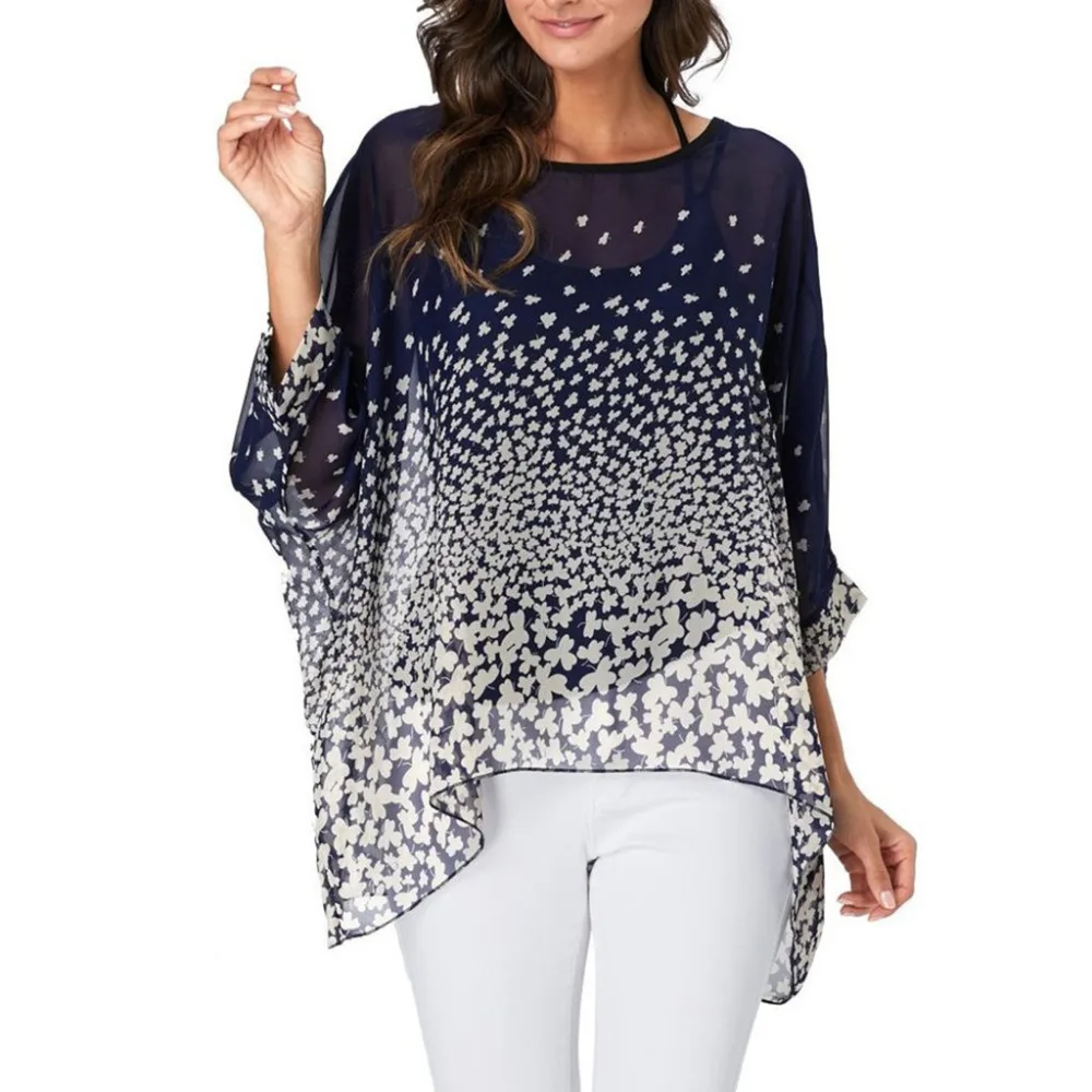

O Neck Three Quater Sleeve Print Chiffon Loose Blouse Women Summer Print Chiffon Loose Cover-Up Shirt Tops Beach Blouse #20