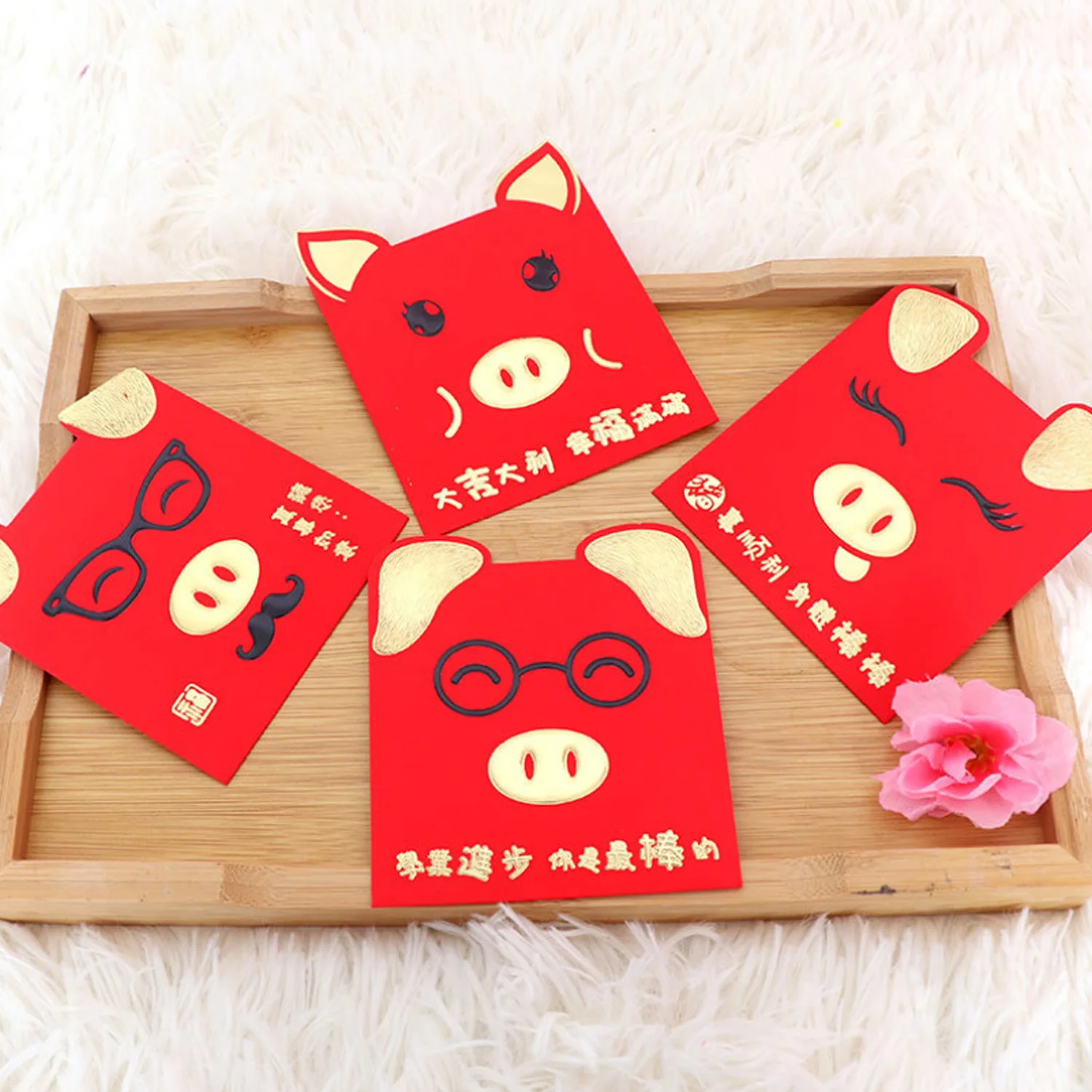 

Behogar 10PCS Assorted Pattern 2019 Chinese Pig New Year Spring Festival Red Envelopes Hong Bao Lucky Money Packets 12x9cm