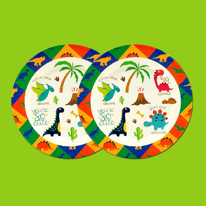 

Party supplies 8pcs Dino Dinosaur theme party decoration disposable tableware paper dessert plate dishes 7inch with food film