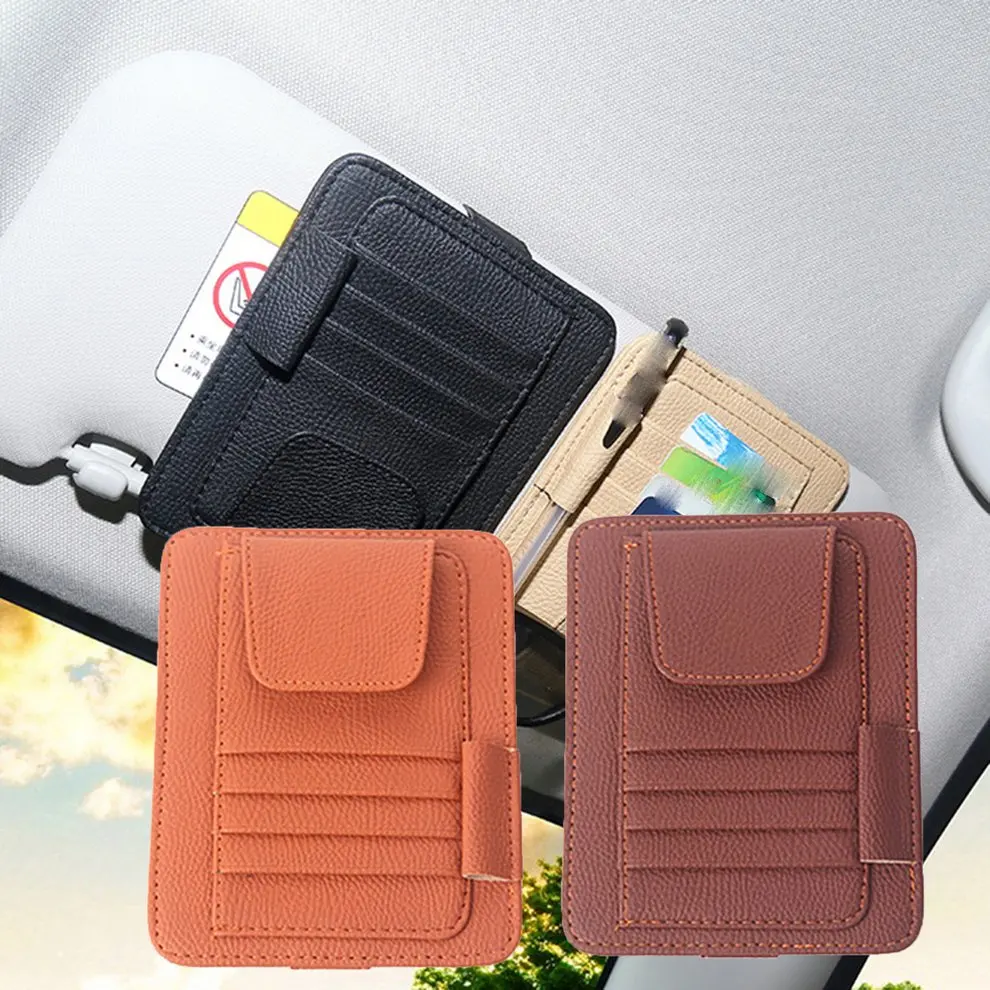 

Leather Car Sun Visor Paper Clip Multifunction Sunglass Cards Organizer