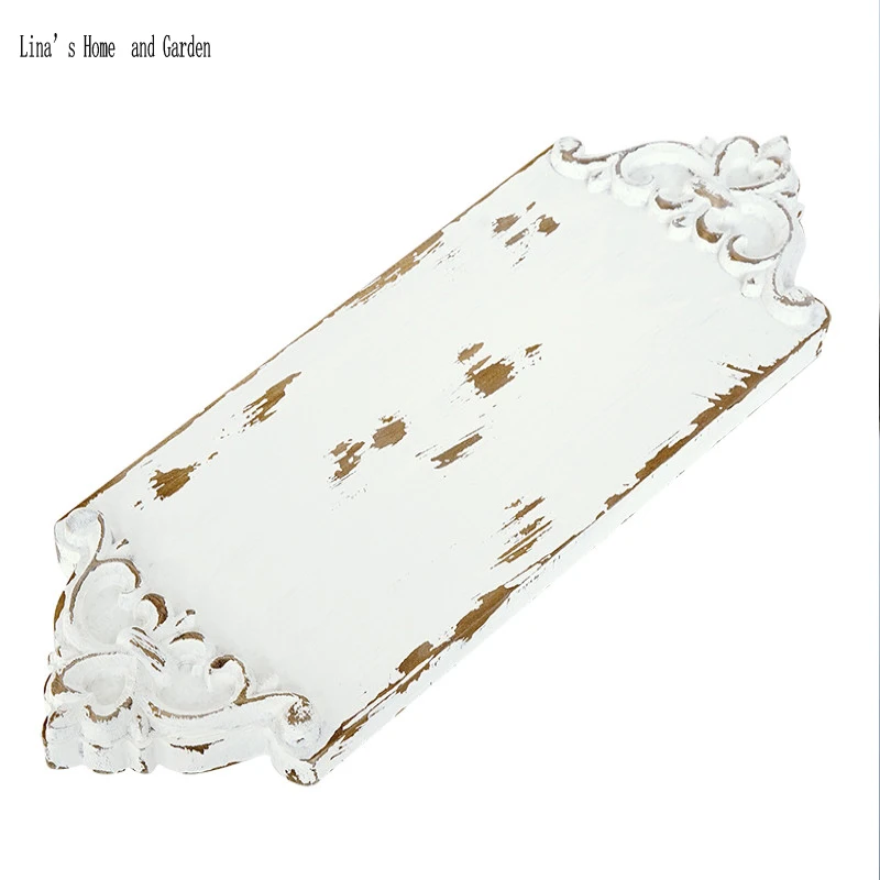 antique Chinese handmade pine shabby chic embossed white home decoration wooden tray (5)