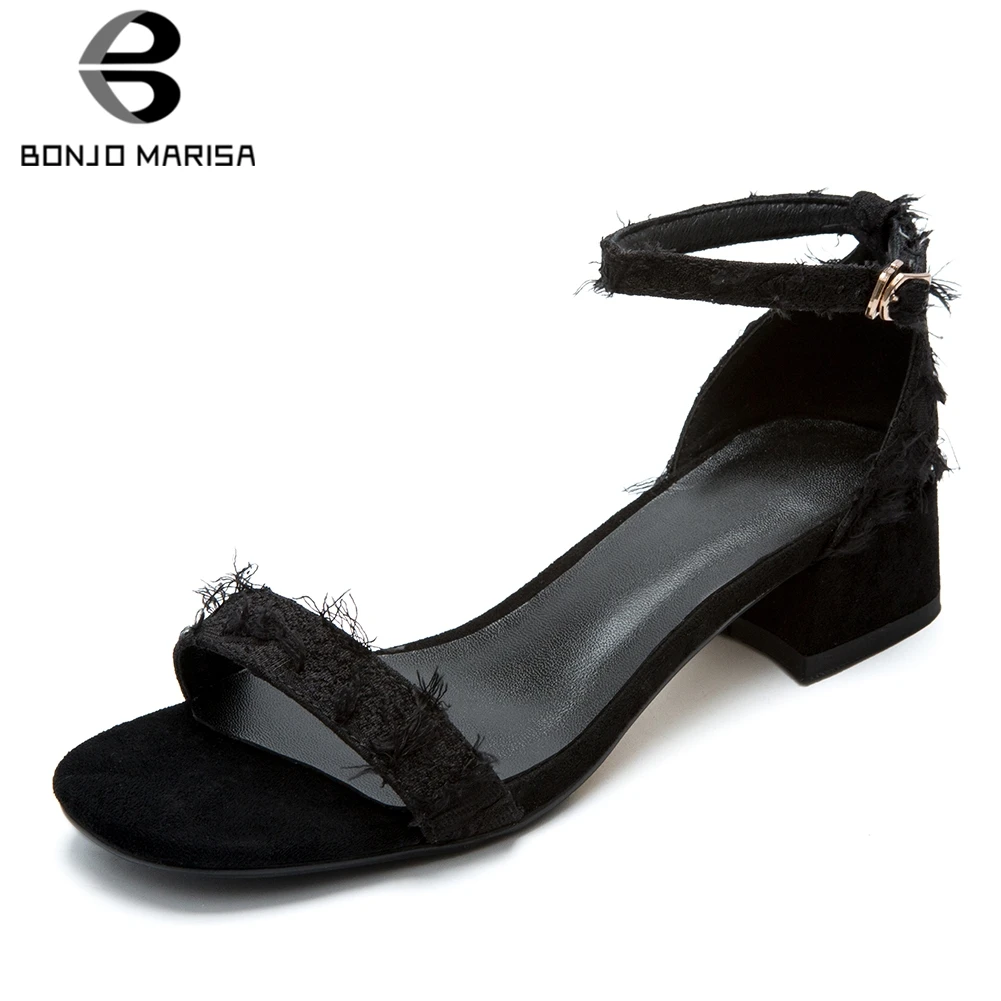 

BONJOMARISA High Quality Buckle Strap Chunky Heels Open Toe Sandals Woman Shoes 3 Colors Concise Summer Shoes Woman Sandals