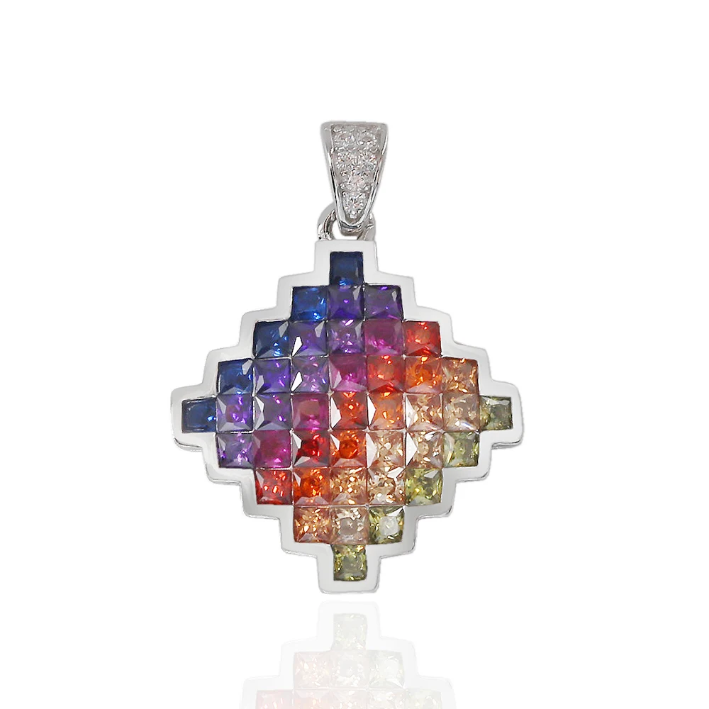 

925-Sterling-Silver Pendants Gradient Rainbow Crystal Pendant Colorful Cubic Zircon Party Jewelry Square Pendants For Women