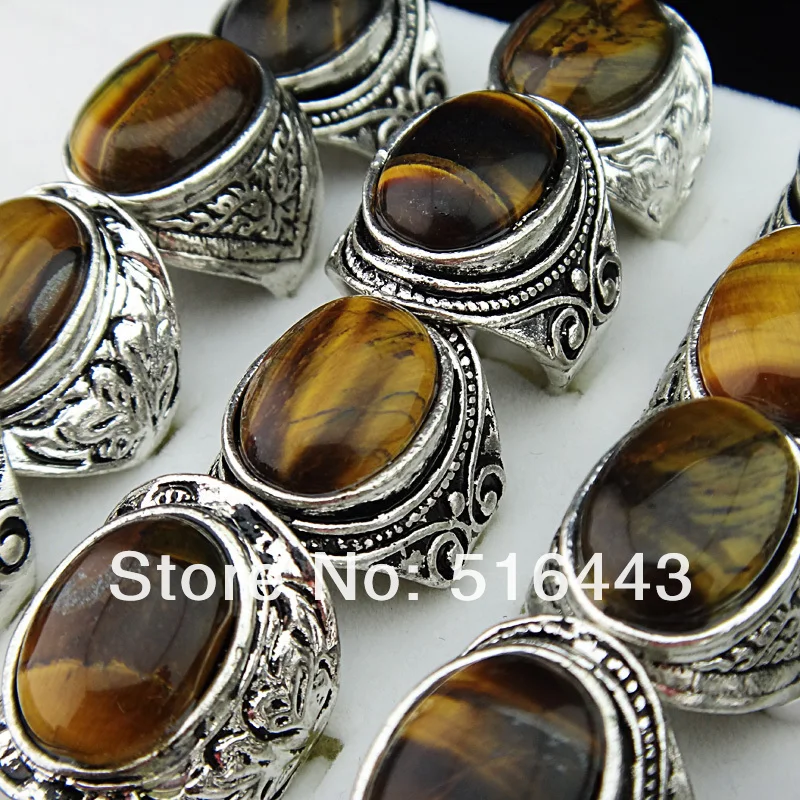 

10pcs Vintgage Silver Natural Tiger eye Stones Retro Women Mens Rings Wholesale Jewelry Lots A-653