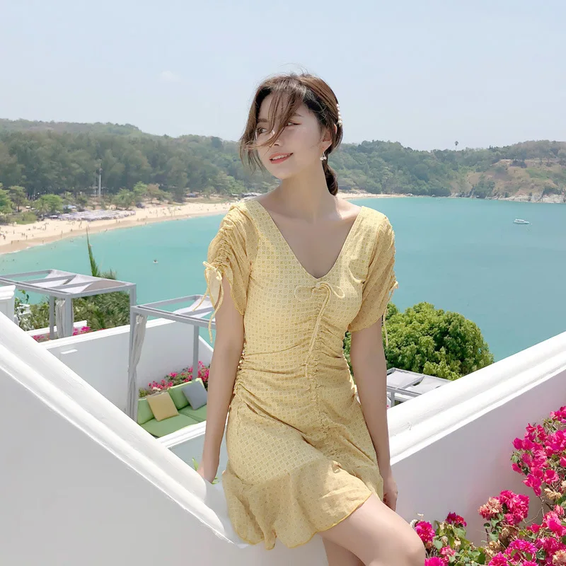 Купальник с высокой талией, слитные купальники для женщин, Badpak размера плюс, купальник, 1 шт., для женщин, корейский стиль, с длинным рукавом, со складками, сексуальный - Цвет: Цвет: желтый