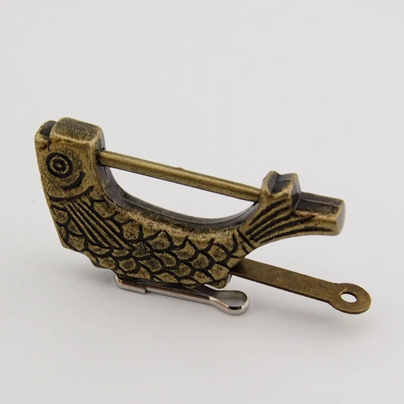 Vintage Chinese Antique Old Style Retro Brass Padlock Jewelry Box Fish Pattern Lock Key for Home Decor Ornaments 11