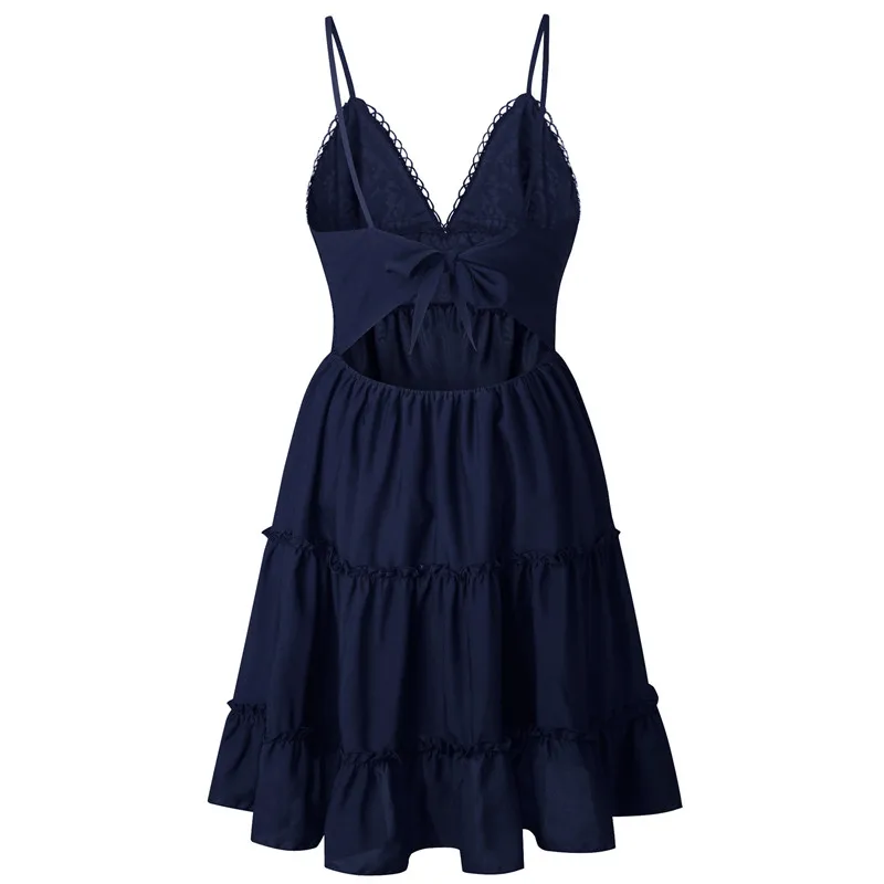 2019 sexy v-neck halter with backless bow lace patchwork pleated dress for women (7)