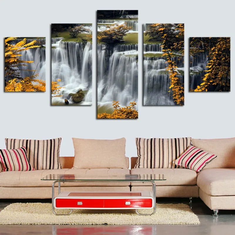 

Canvas Modular Decor Posters Picture Wall Art Home Framework 5 Panel Waterfall Landscape Living Room HD Printed Modern Painting