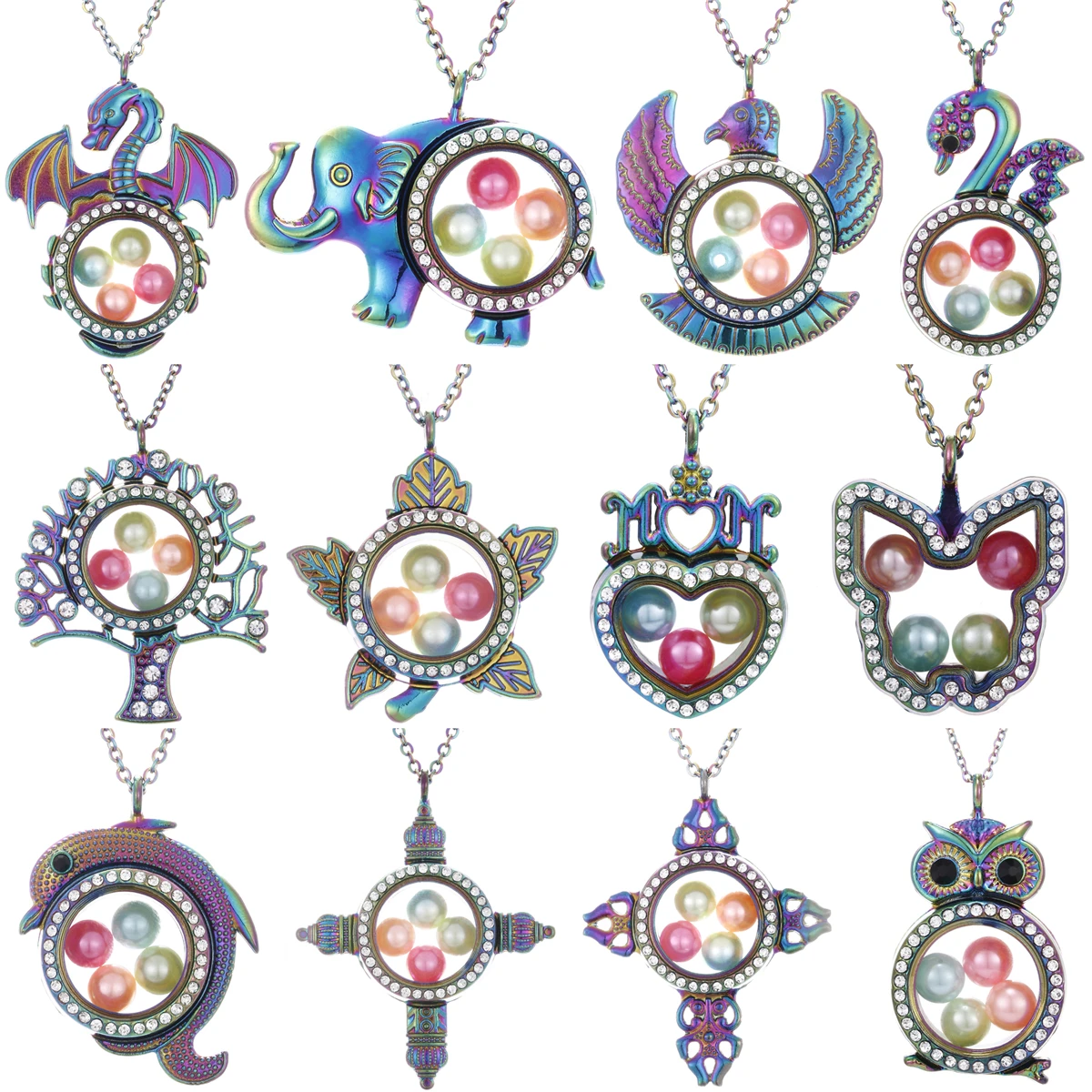 

Multicolor Dragon Living Memory Diameter 8mm Beads Pearl Cage Magnetic Closure Glass Floating Locket Pendant Rhinestone Necklace