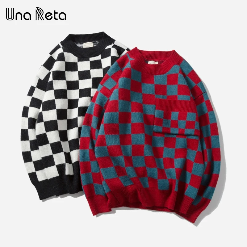 Una Reta, свитер для мужчин, новинка, осенняя мода, хип-хоп стиль, клетчатый вязаный свитер, Мужская одежда, повседневный свободный винтажный пуловер для мужчин