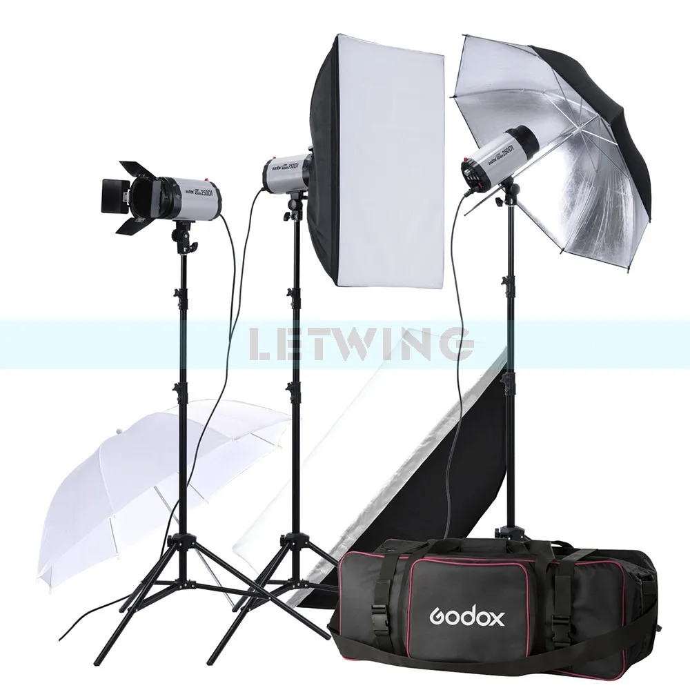 Godox 750W Photo Studio Flash Lighting set (3 x 250W) Photography Strobe Light & Softbox & Umbrella Reflector Portrait Kit