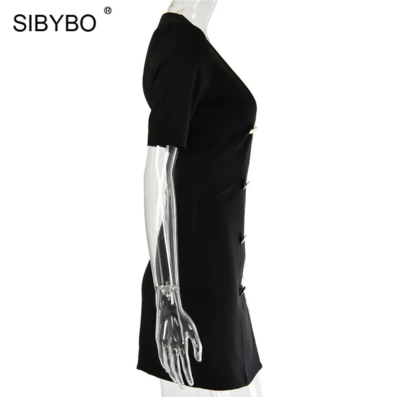Женское двубортное платье Sibybo черное повседневное офисное с коротким рукавом и u