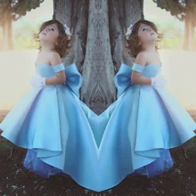 Милые Светло-Голубые Платья с цветочным принтом для девочек Пышное Платье с открытыми плечами нарядные платья для девочек на свадьбу, день рождения