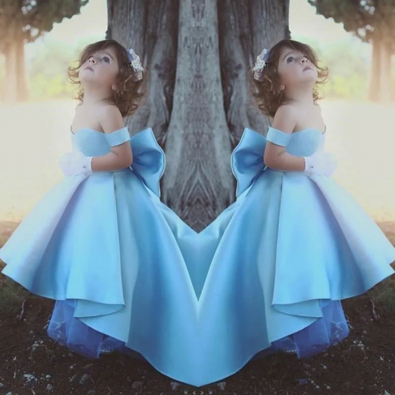 

Cute High Low Flower Girl Dresses Sky Blue Off Shoulder Pageant Dress Girl's For Wedding Birthday Party Dresses