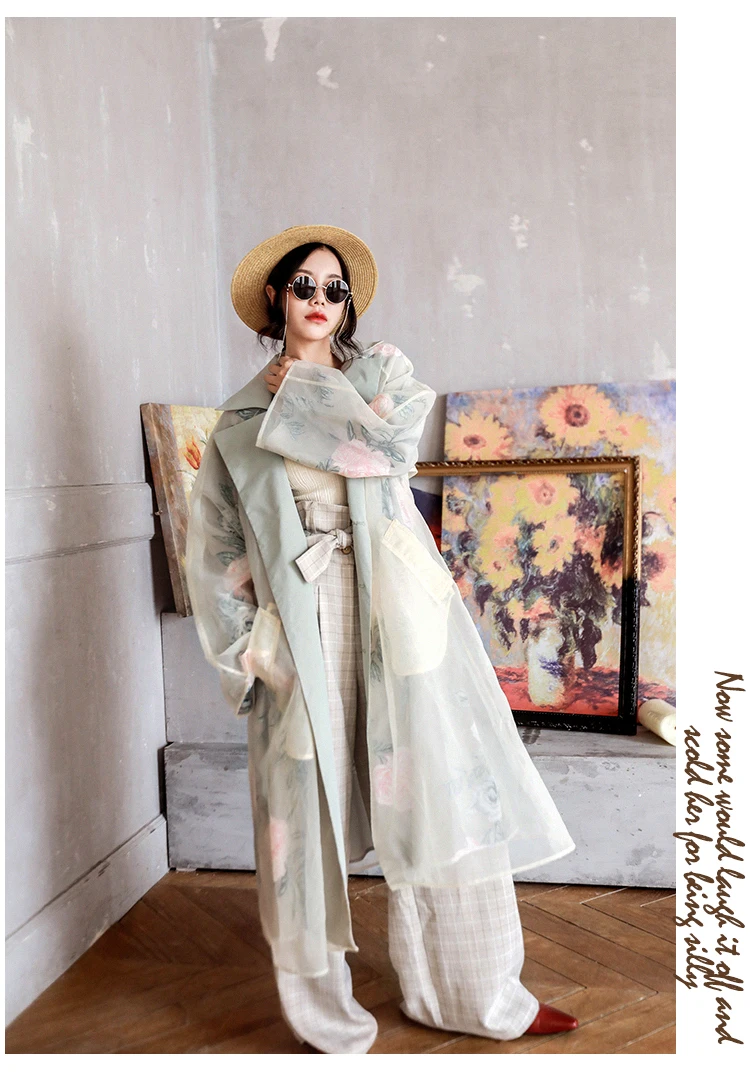 Демисезонный женский Повседневный Свободный Длинный Тренч, элегантное женское длинное пальто из органзы с цветочным принтом, женская одежда