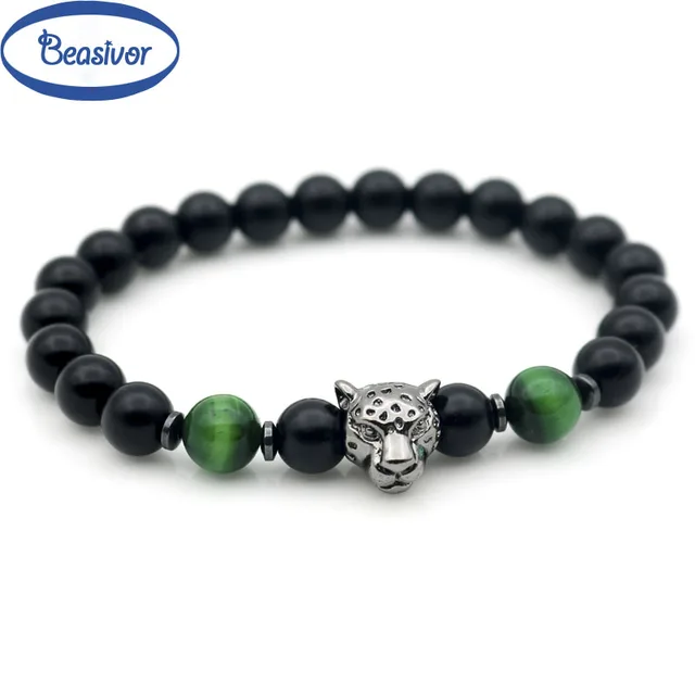 Panther Head Black Animal Designer Leopard Charm Bracelets Male Panther Head Black Animal Designer Leopard Charm Bracelets Male Female Green Tiger Eye Stones Matte