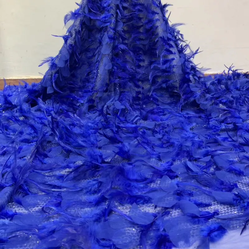

Royal Blue 3D applique flower Stylish elegance mesh tulle embroidery french net lace fabric with feather RG902