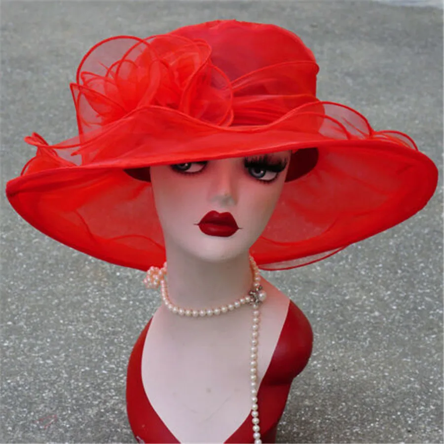 Women Sun Hat 1Pcs Mesh Ruffles Flower Kentucky Derby Wide Brim Wedding Church Occasional Organza Sun Hat