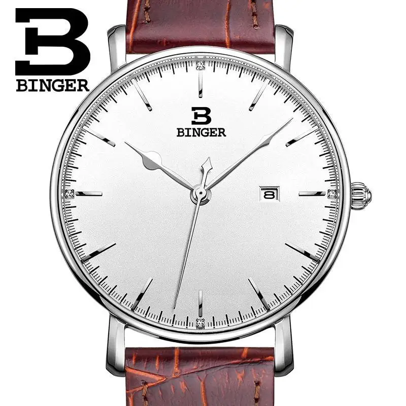 

Switzerland BINGER Men's Watches Luxury Brand Quartz Leather Strap Ultrathin Complete Calendar Wristwatches Waterproof B3053M