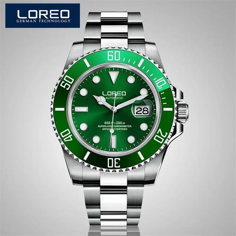 

LOREO Famous Brand Watches Men Mechanical Wrist Watch Luminous Stainless Steel Luminous 200m Waterproof Diver Watch AB2111