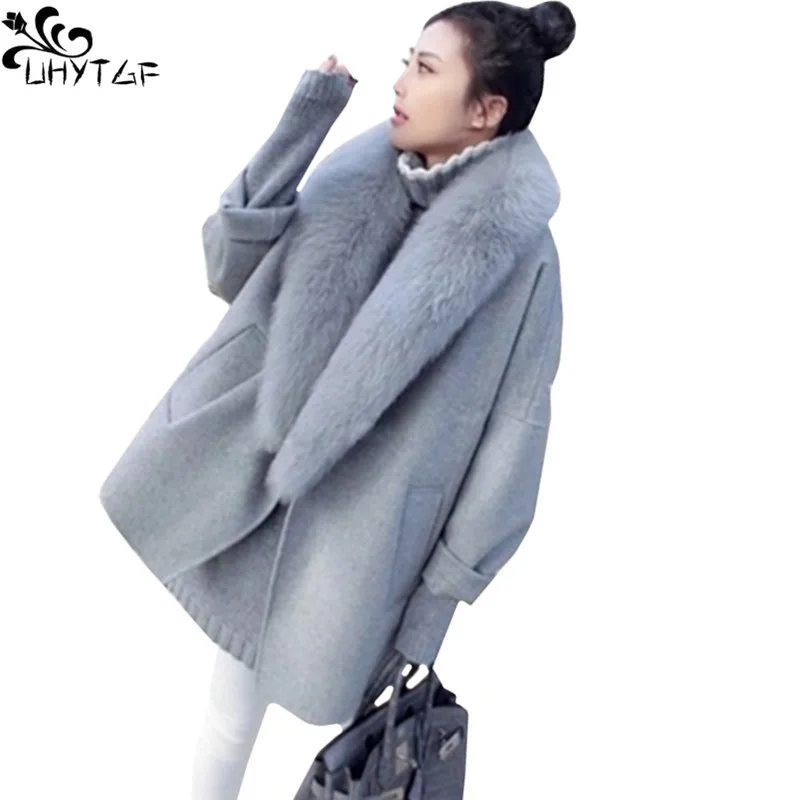 

UHYTGF Korean Women Winter Wool Coat 2018 Plus size Especially Fashion Big fur Collar Coats High quality Elegant Woolen Coat376