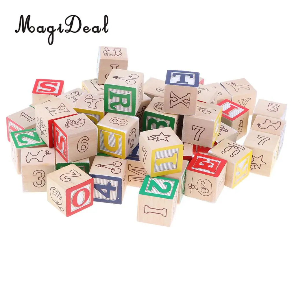 50Pcs Wooden Cartoon ABC Alphabet Numbers Math Learn Cube Blocks Stack Toddler Color Shape Cognition Educational Toy