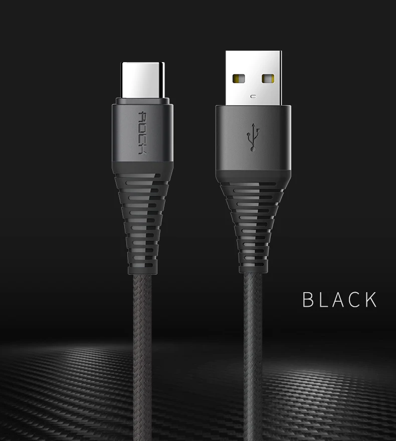 ROCK 3A usb type-C кабель высокопрочный usb type-c кабель для быстрой зарядки и синхронизации данных для Galaxy S8 plus Note 8 Oneplus 2 Xiaomi - Цвет: Черный