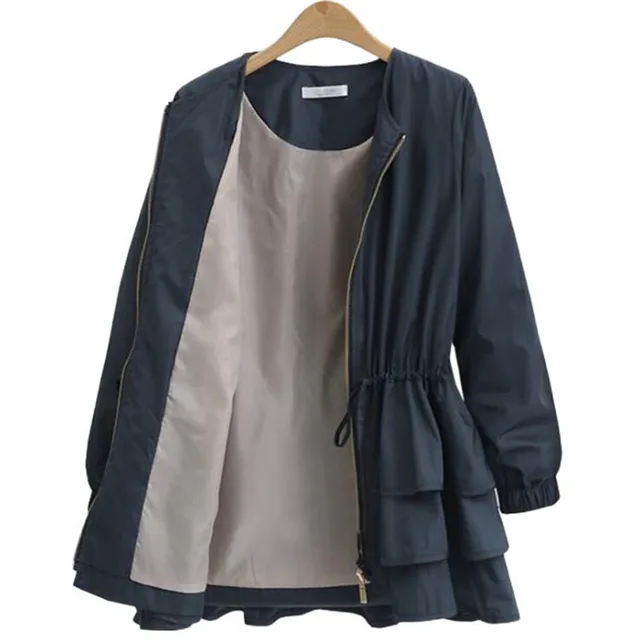 Zipper Casual Ruffles Trench Coat for Women Autumn Style O-neck Loose Slim Trench Solid Outerwear 4