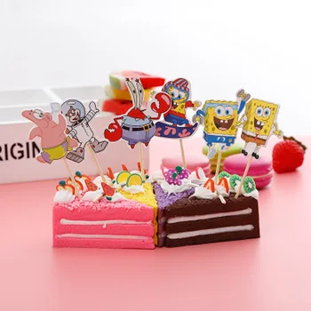 

24pcs/lot Happy Birthday Party Decoration Sponge Bob Theme Cupcake Toppers with Sticks Baby Shower Kids Boys Favors Cake Topper