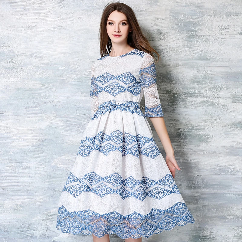 Summer white blue Sexy Women s Printing Lace Long Dress Vestidos Female Casual Slim Clothing Fashion Fifth sleeve Party Dresses long-white-lace-dress